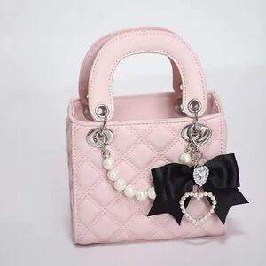 Jirai Kei Landmine Style Pink and Black Square Bag with Pearl Keychain